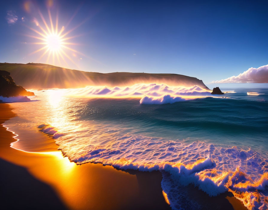 Serene beach at sunrise with sparkling waves