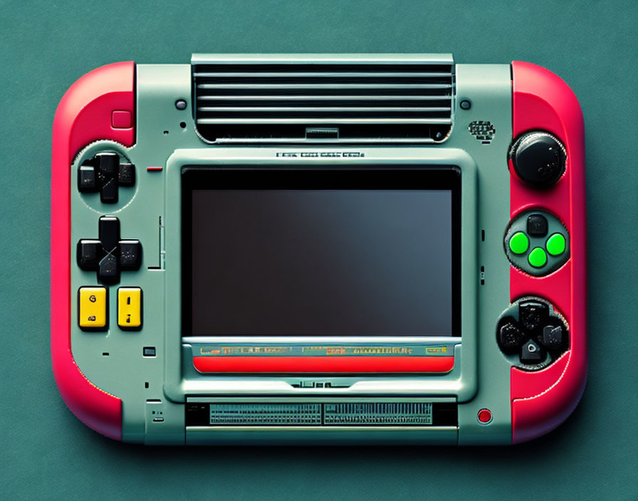 Portable Gaming Console with Red and Green Buttons on Teal Background