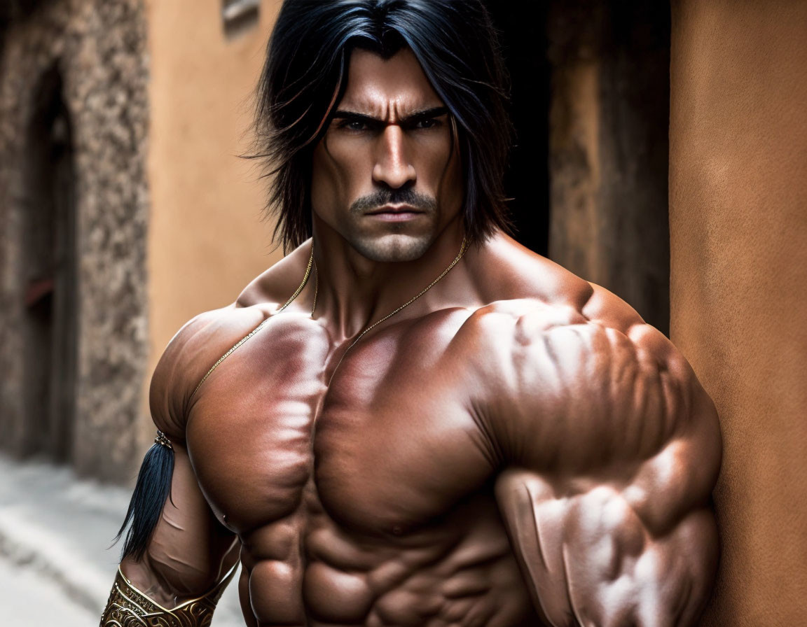 Muscular man with dark hair and bracers in dimly lit alleyway