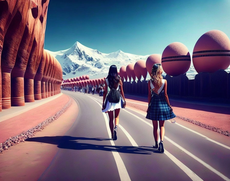 Surreal road with oversized pink spheres and stone structures, two women walking.