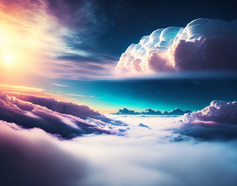 Dramatic skyscape with towering clouds and twilight hues merging into starry sky