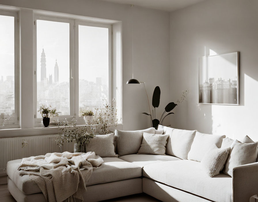 Cozy living room with sectional sofa, plants, city view.