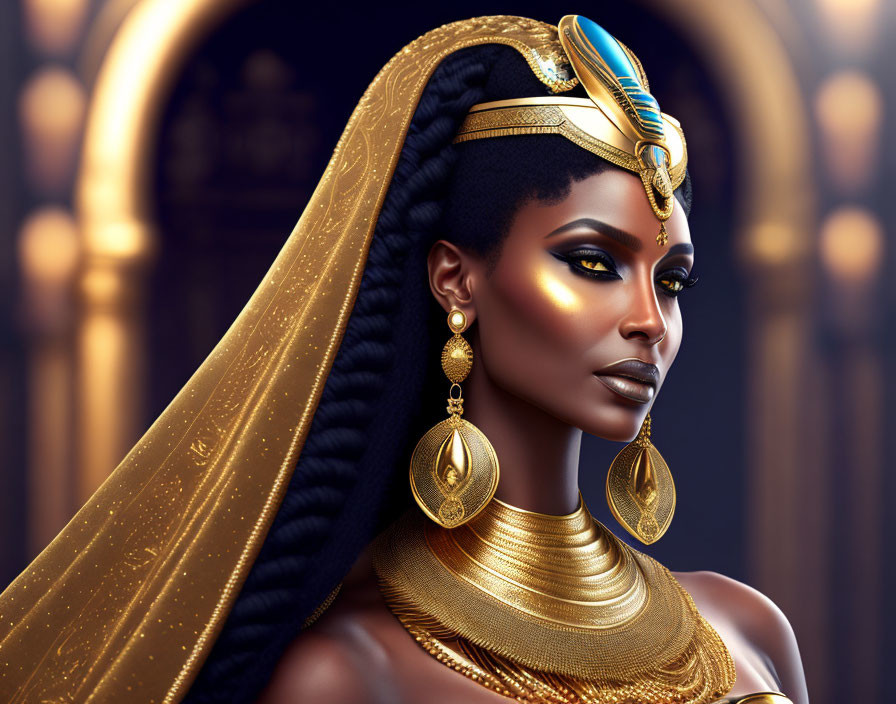 Ebony-skinned woman in Egyptian-inspired regal attire with golden jewelry.