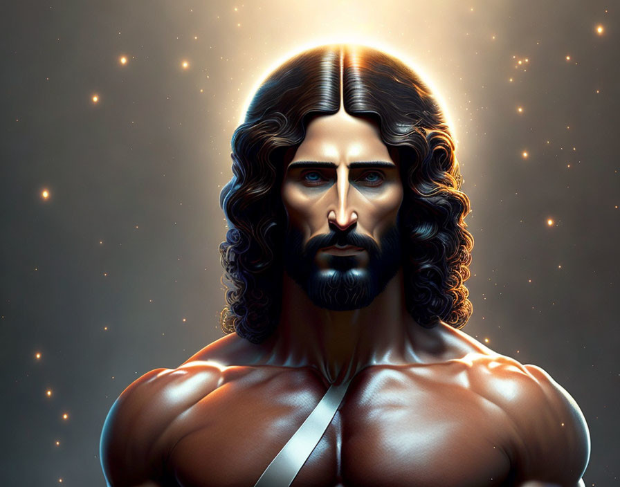 Muscular man with long hair and beard, draped in cloth, glowing halo and star lights.