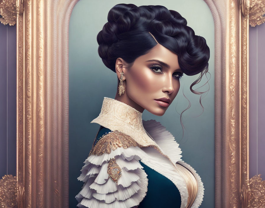 Digital artwork features woman with elaborate updo in vintage dress reflected in ornate mirror.