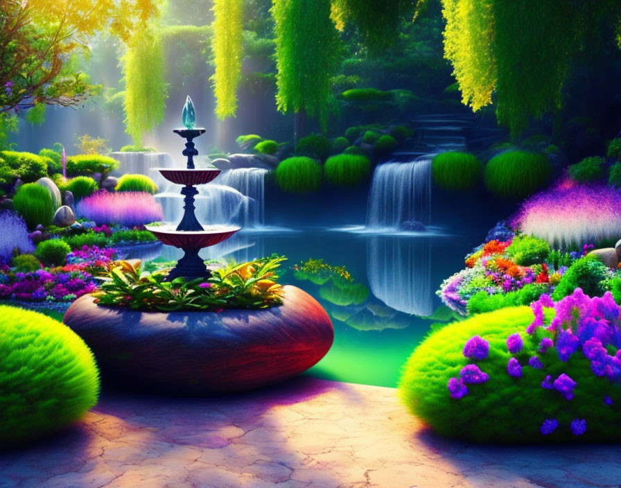 Colorful Fantasy Garden with Water Fountain & Waterfalls