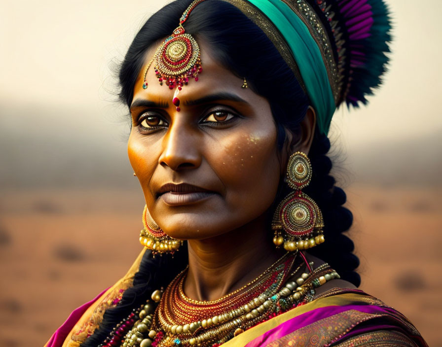 Traditional Indian jewelry and attire on woman with nose ring and forehead decoration.