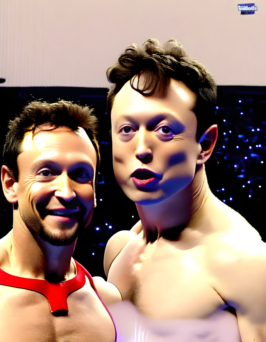 Wax figures of famous individuals in red and white outfits against starry backdrop