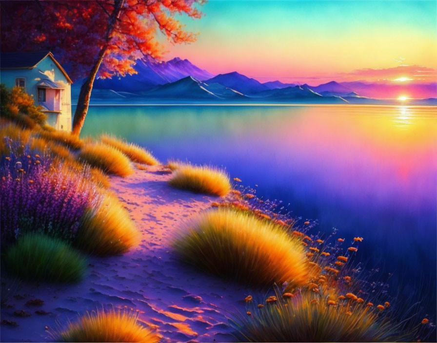 Scenic sunset over lake with mountains, house, and colorful foliage