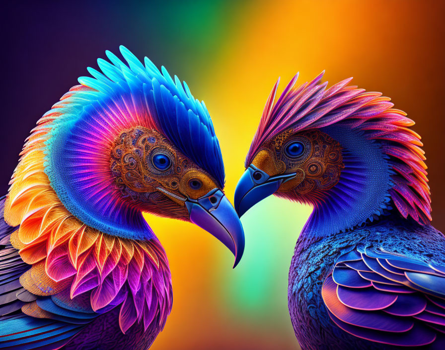 Colorful Stylized Birds with Detailed Feather Patterns on Multicolored Background