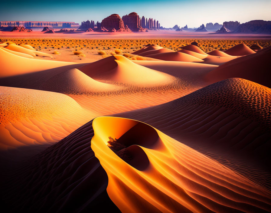 Orange Sand Dunes and Rocky Formations at Sunset