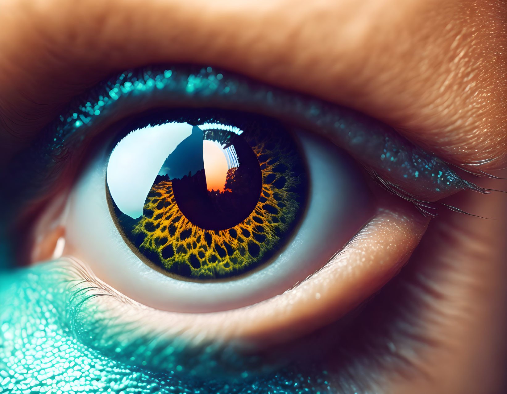 Detailed Close-Up of Human Eye with Green Iris and Cityscape Reflection