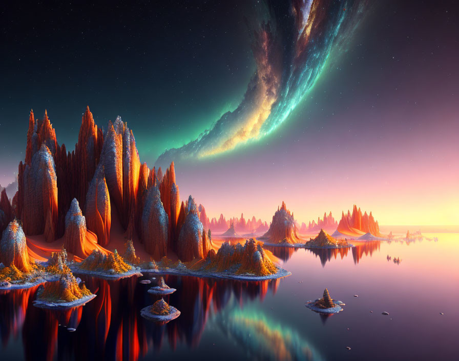 Vibrant surreal landscape with towering rock formations and cosmic swirl