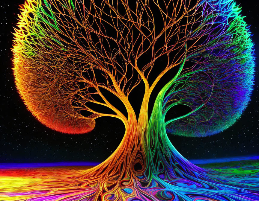 Colorful neon rainbow tree art under starry sky