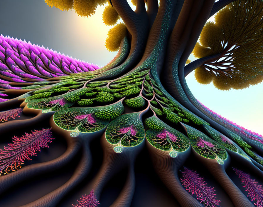 Colorful Fractal Image: Tree-Like Structure with Purple to Green Hues