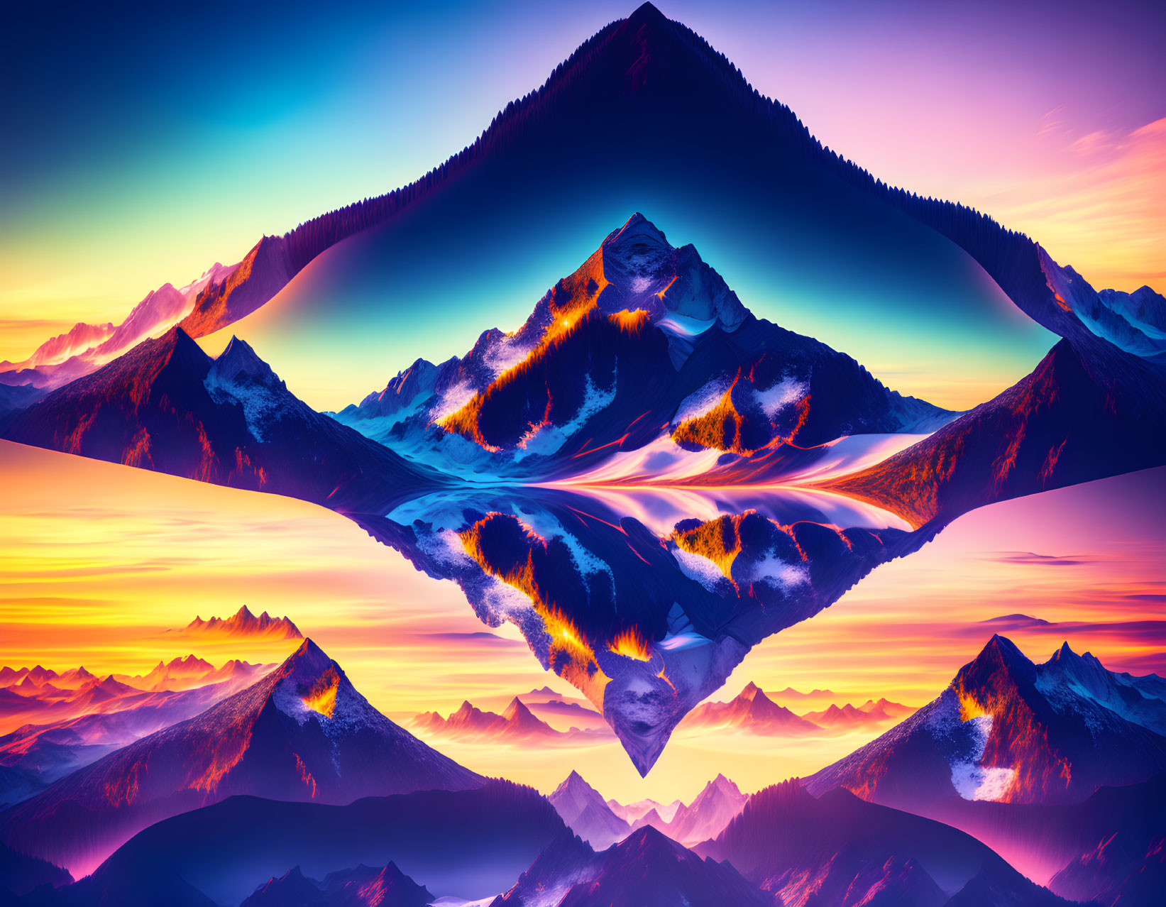Surreal landscape with mirrored mountain ranges under gradient sky