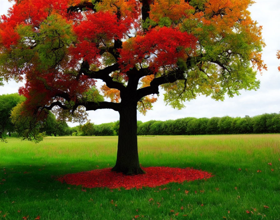 Vibrant red tree against green grass and overcast sky