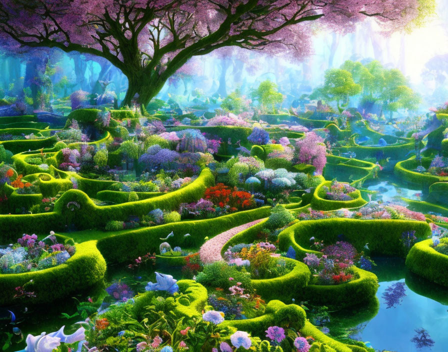 Lush green hedge mazes and blooming trees in a vibrant fantasy garden