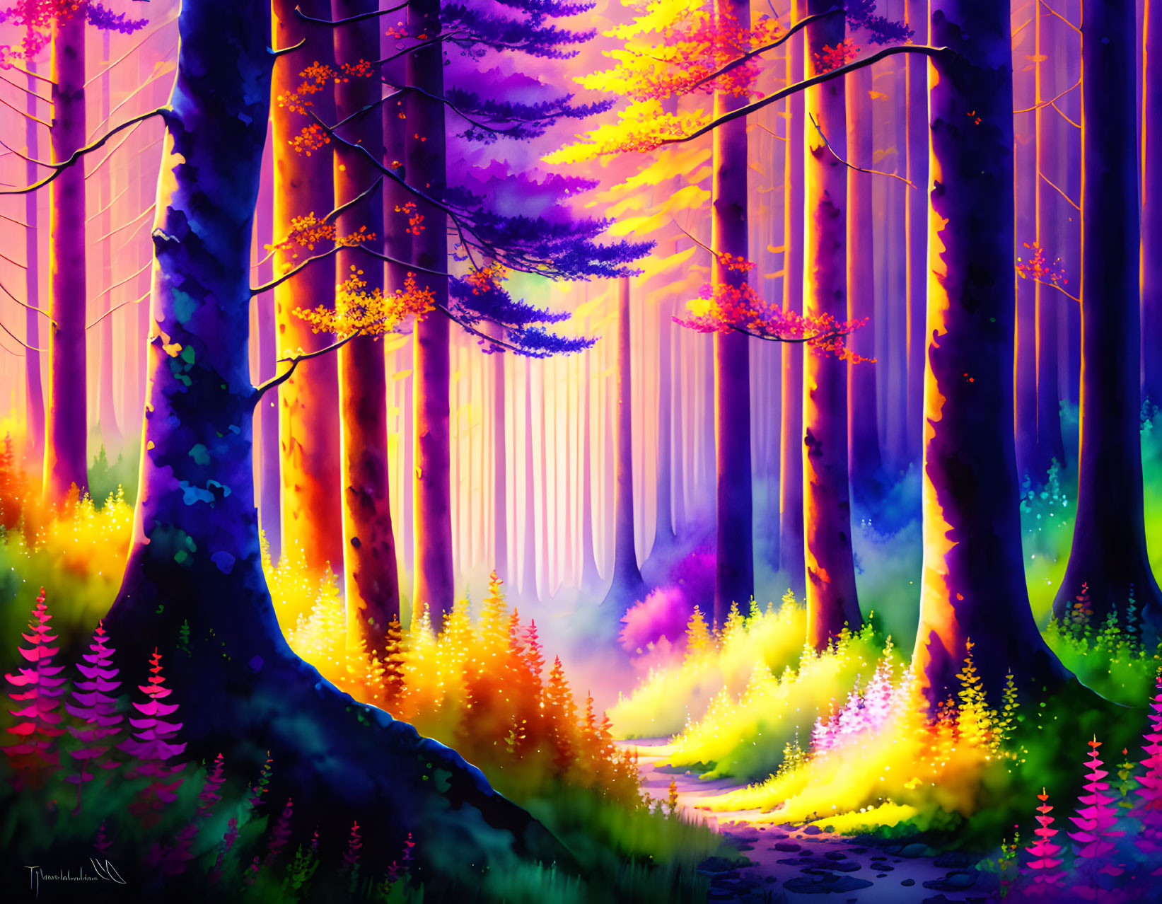 Colorful Forest with Purple, Yellow, and Orange Hues and Sunlight Filtering Through Trees