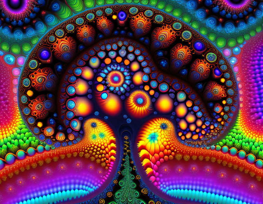 Colorful Psychedelic Digital Art with Fractal Peacock Patterns