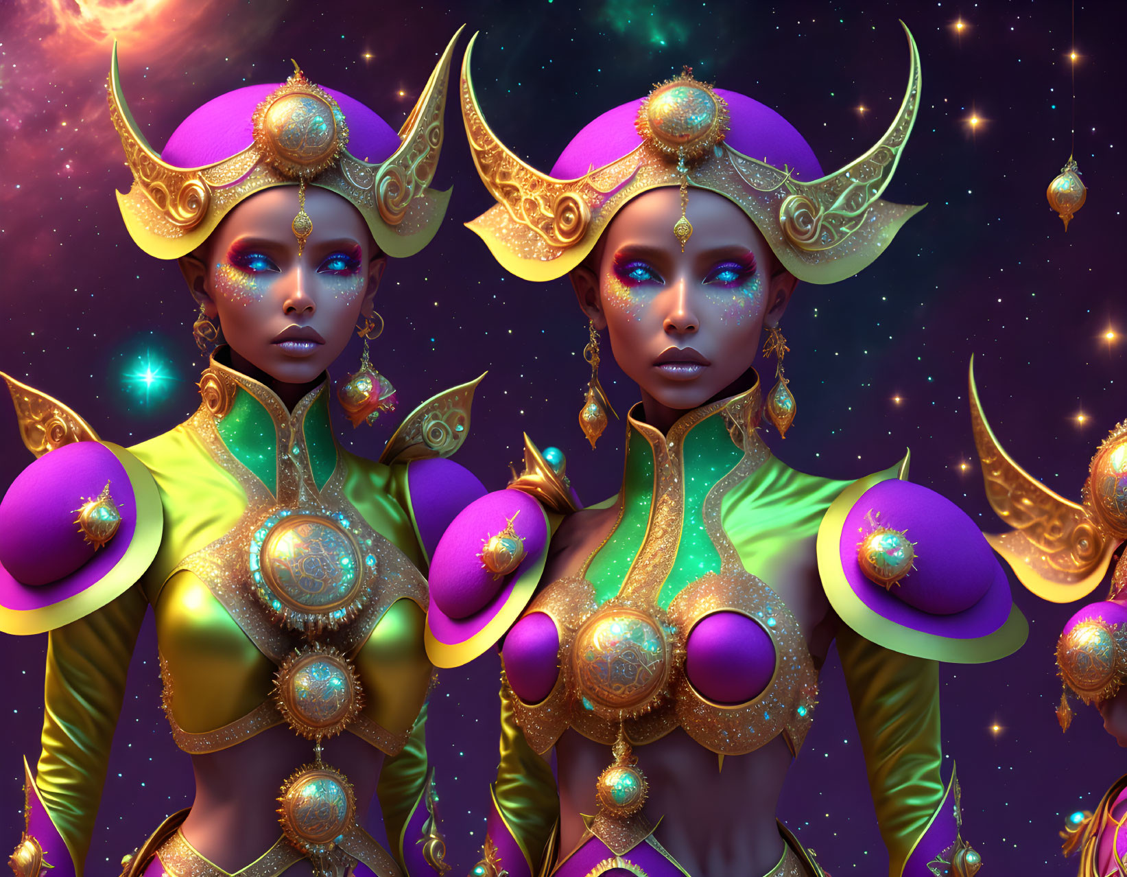 Stylized female figures with golden headdresses in cosmic setting