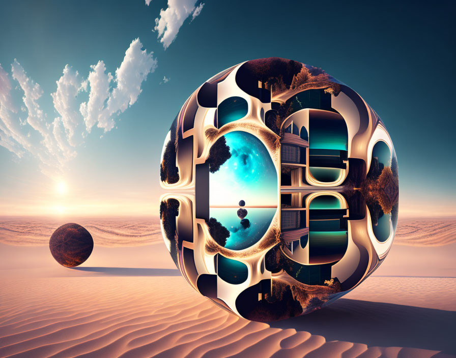 Surreal 3D artwork of intricate spherical structure in desert landscape