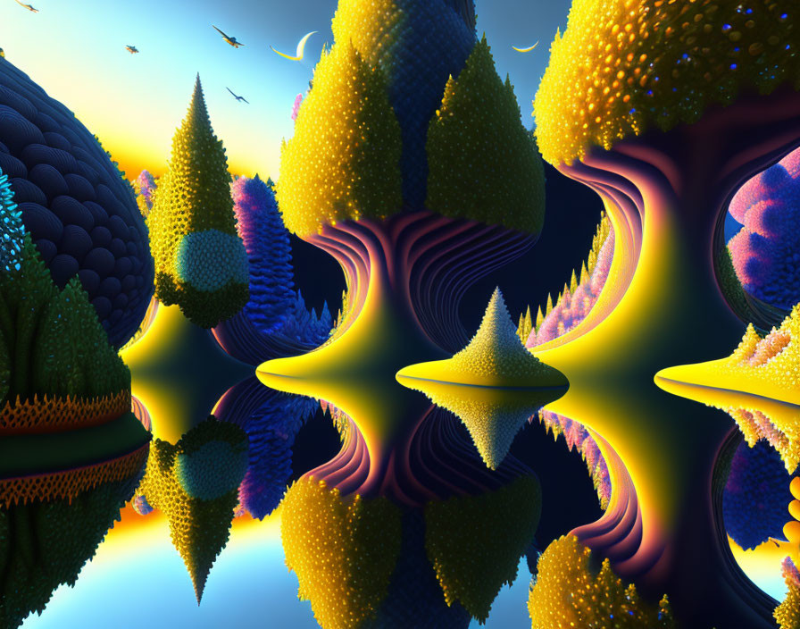 Surreal landscape with fractal shapes and star-like elements