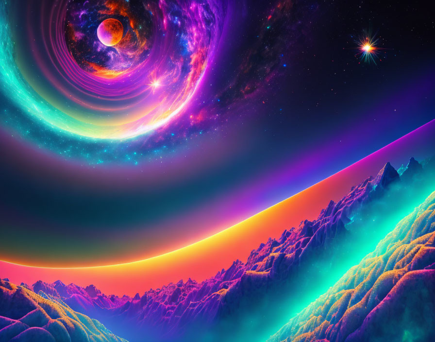 Colorful cosmic landscape: swirling galaxy, radiant stars, nebula, and surreal mountains.