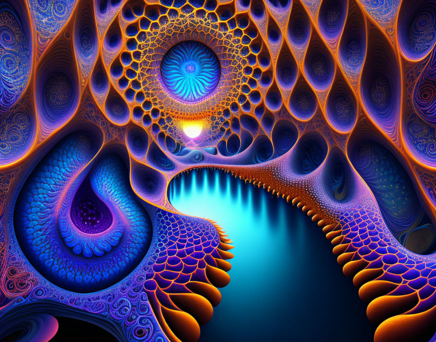 Intricate Blue and Orange Fractal Design with Hypnotic Spiral Patterns