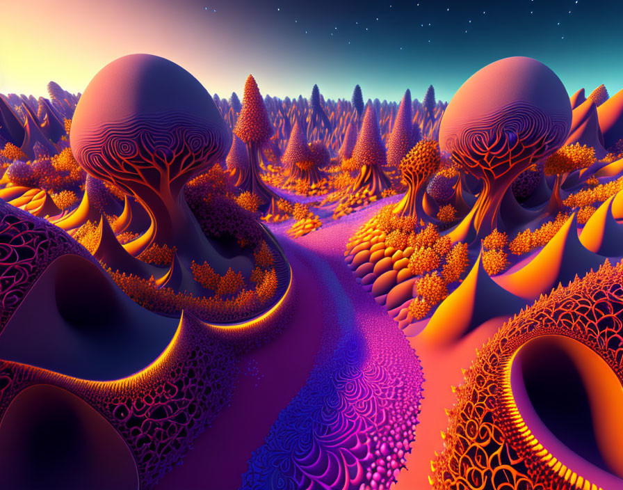 Colorful digital landscape with psychedelic patterns and vivid hues of purple, orange, and blue under a star