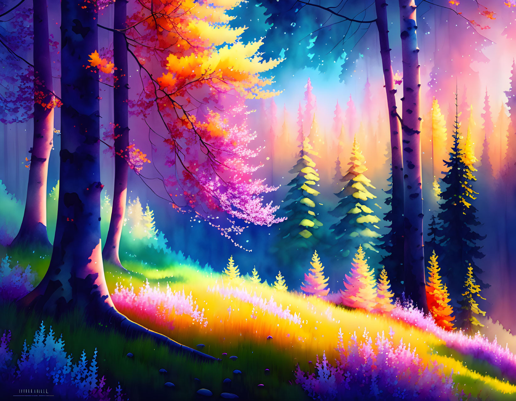 Colorful forest scene with sunbeam-dappled clearing and purple flowers under a luminescent sky