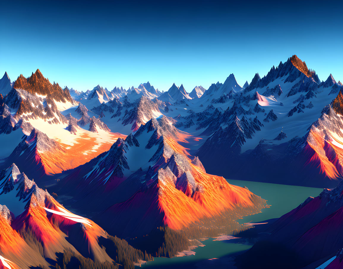 Majestic mountain range under warm sunlight and sharp peaks casting shadows