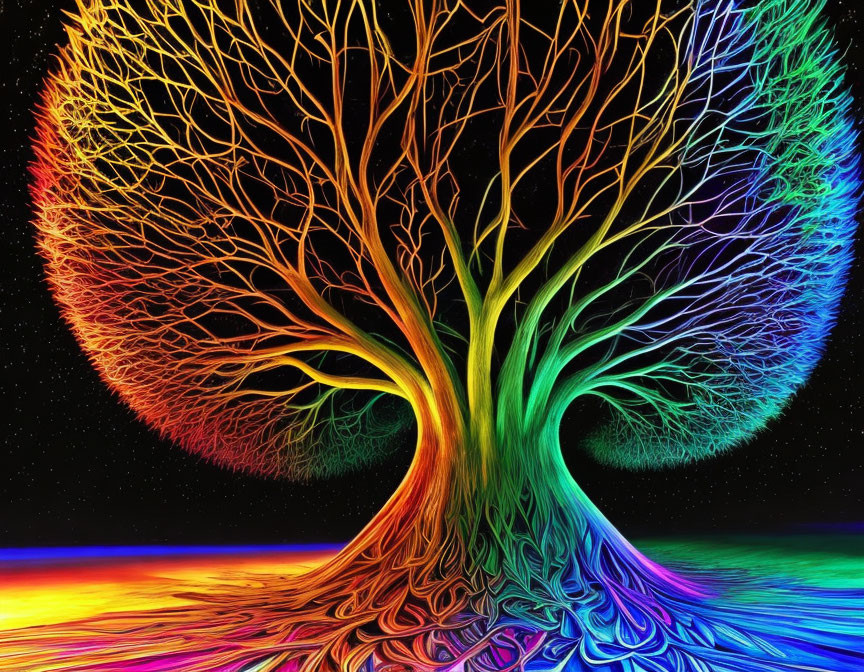 Colorful digital artwork: Tree with rainbow colors on black background