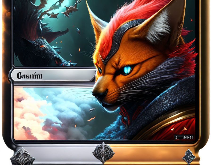 Stylized fox character "Gasim" in armor with blue eyes, amidst flying creatures