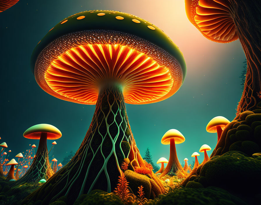 Fantasy forest scene with oversized luminescent mushrooms