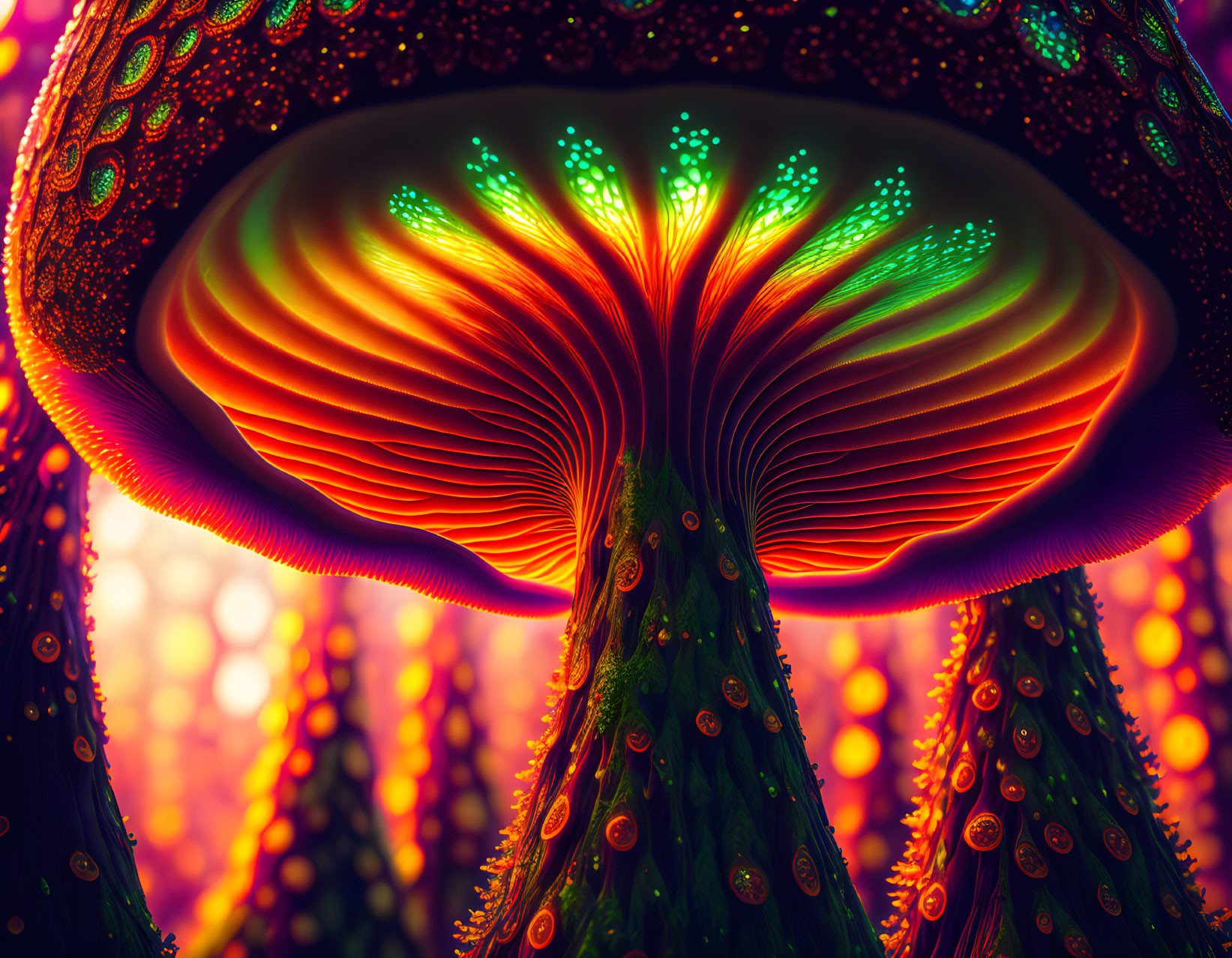 Colorful Digital Art: Luminescent Mushroom Structure with Neon Lights