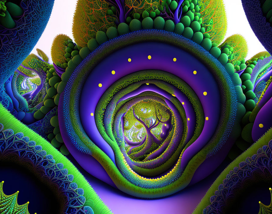 Colorful fractal art with swirling purple and green patterns and tree-like structures.