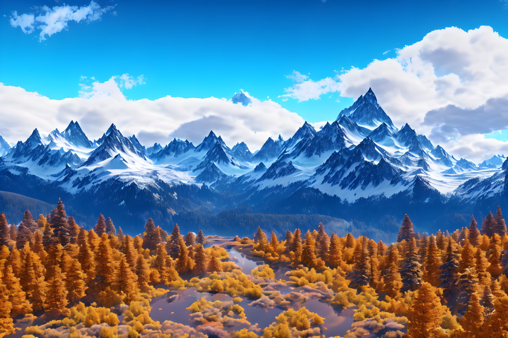 Snowy Peaks and Autumnal Forest Landscape under Blue Sky