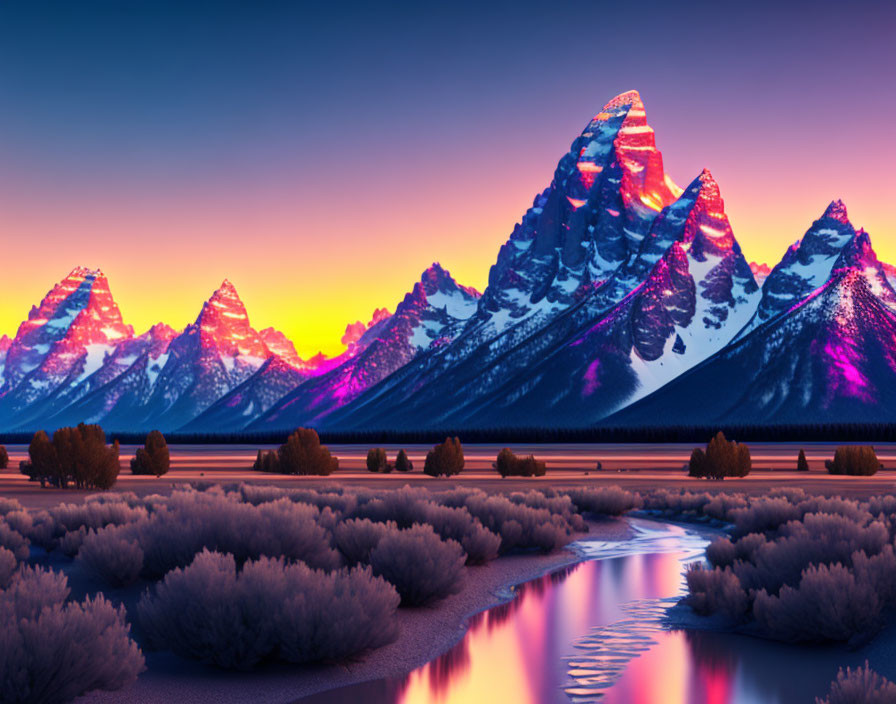 Snow-capped mountains at sunset with purple and pink skies reflecting in a serene river
