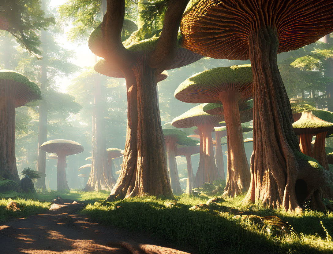 Enchanting forest with towering mushrooms and golden sunlight.