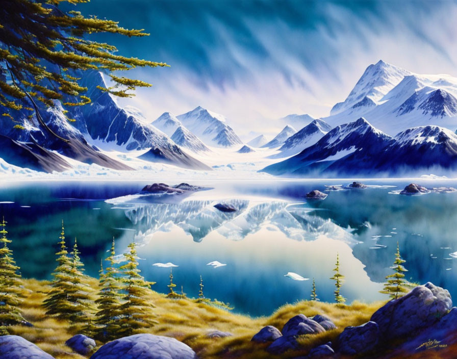 Snow-capped peaks and serene lake in mountain landscape