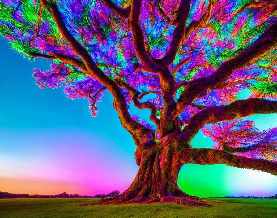 Colorful Tree with Expansive Branches Against Multicolored Sky Gradient