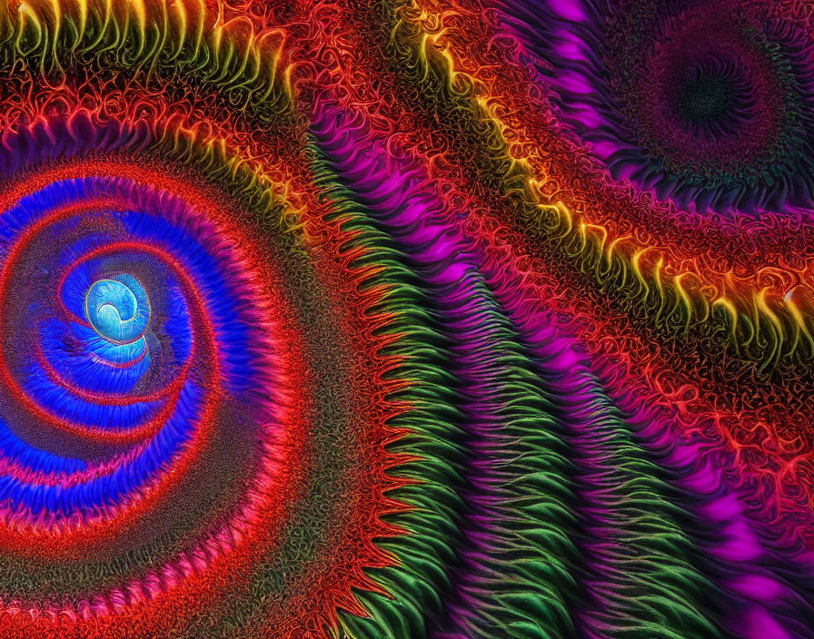 Colorful Fractal Pattern with Swirling Designs in Blue, Red, Orange, and Green Hues