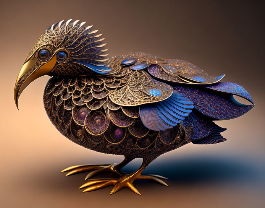 Metallic bird with gold, bronze, & iridescent feathers on warm background