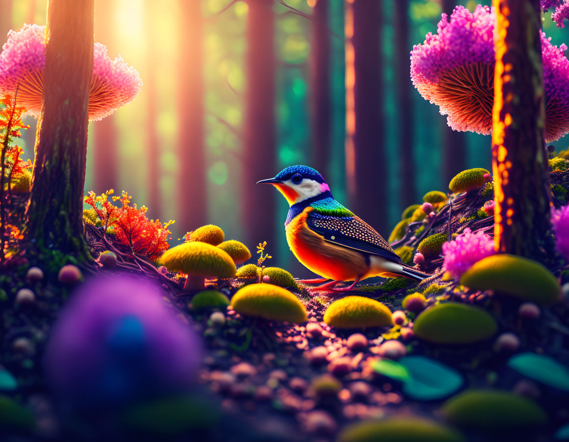 Colorful bird in vibrant magical forest with luminescent plants under golden sunlight