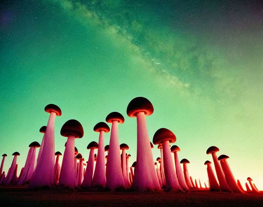 Surreal landscape with oversized mushrooms under starry gradient sky