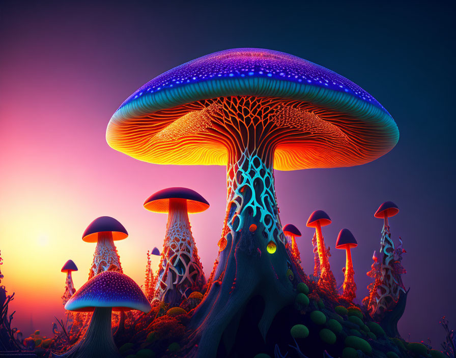 Fantasy landscape with bioluminescent mushrooms at sunset