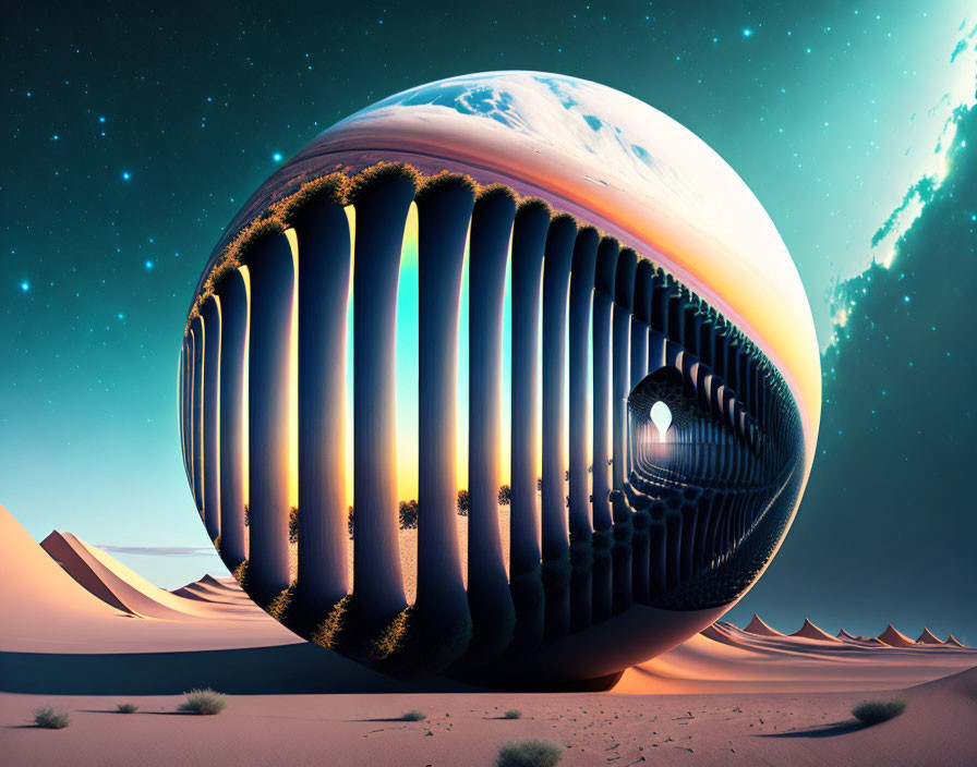 Surreal landscape with large grooved sphere in desert setting
