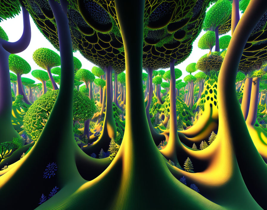 Colorful Fractal Landscape with Surreal Trees in Green, Yellow, and Purple