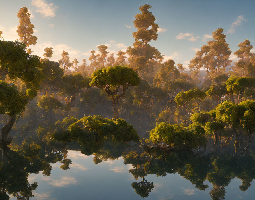 Tranquil misty morning scene of lush forest and calm water